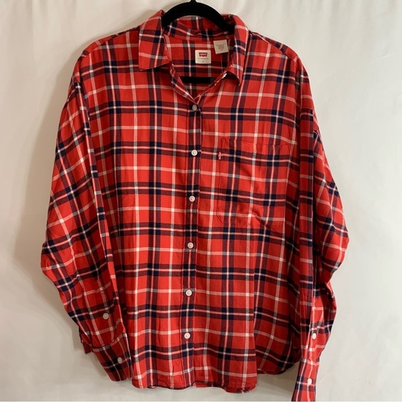 Levi's Tops - Levi’s Red and Navy Plaid Button-Up Shirt Relaxed Fit, Size L